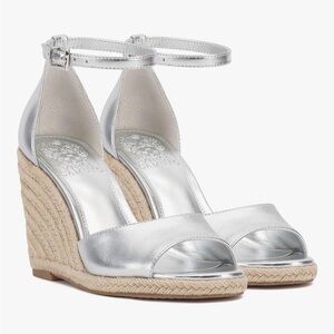 New Vince Camuto Silver Metallic Espadrille Wedge Sandals with Ankle Strap